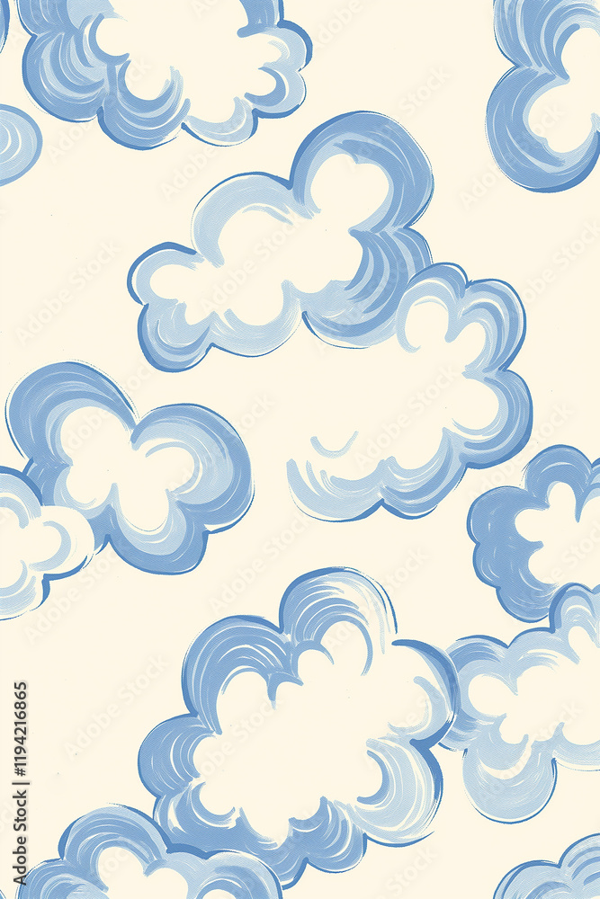 Blue clouds floating on a cream background, seamless repeating pattern Blue clouds floating on a cream background, seamless repeating pattern