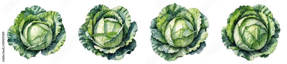 Watercolor Illustration of a Fresh Cabbage, PNG set Watercolor Illustration of a Fresh Cabbage, PNG set