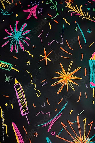 Colorful fireworks and scribbles creating festive celebration pattern on blac...