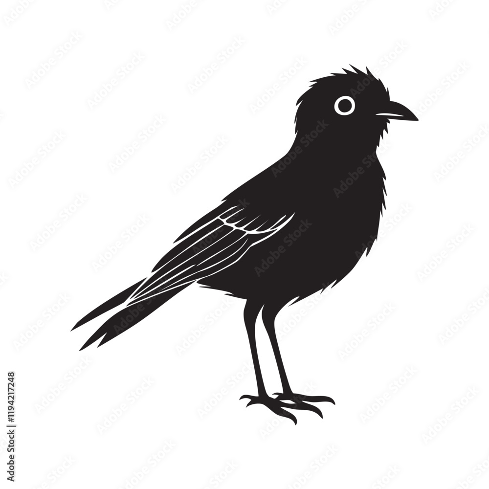 This image features a simple, black silhouette of a bird. It is depicted in a side profile, with its head turned slightly to the right. The bird has a short, pointed beak and a round eye. Its body is This image features a simple, black silhouette of a bird. It is depicted in a side profile, with its head turned slightly to the right. The bird has a short, pointed beak and a round eye. Its body is