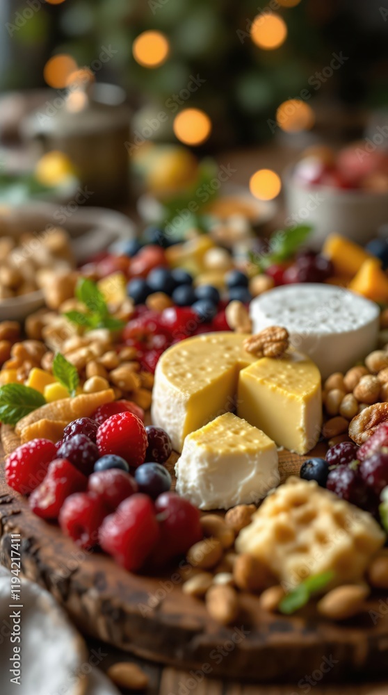 Assorted cheese and fresh berries on a rustic wooden board with nuts and fruits Assorted cheese and fresh berries on a rustic wooden board with nuts and fruits