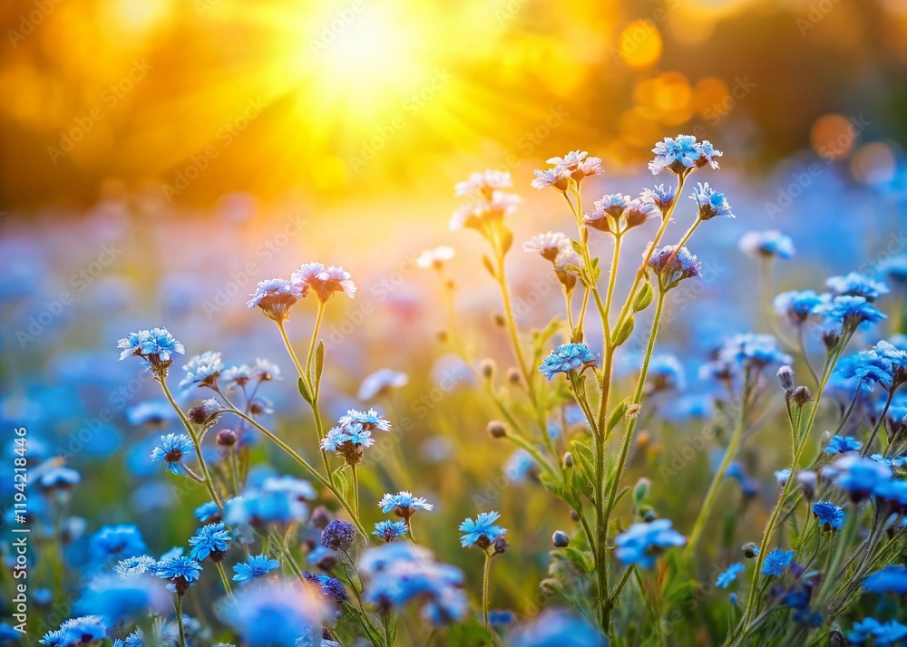 Fototapeta premium Light Blue Flower Field Background: Soft Pastel Spring Floral Landscape