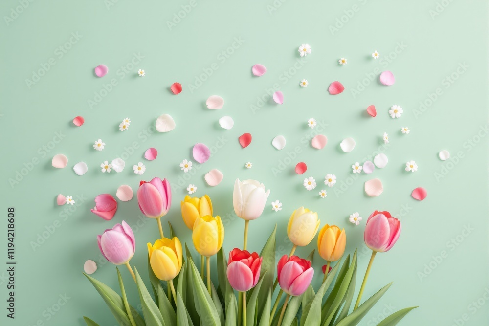 A colorful arrangement of tulips with petals and daisies on a pastel green background, evoking spring and freshness. Ai generative A colorful arrangement of tulips with petals and daisies on a pastel green background, evoking spring and freshness. Ai generative