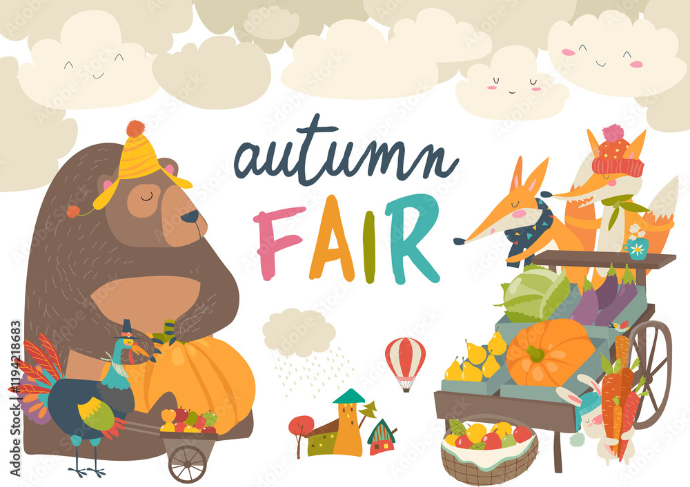 Cute animals on autumn fair. Vector illustrations Cute animals on autumn fair. Vector illustrations