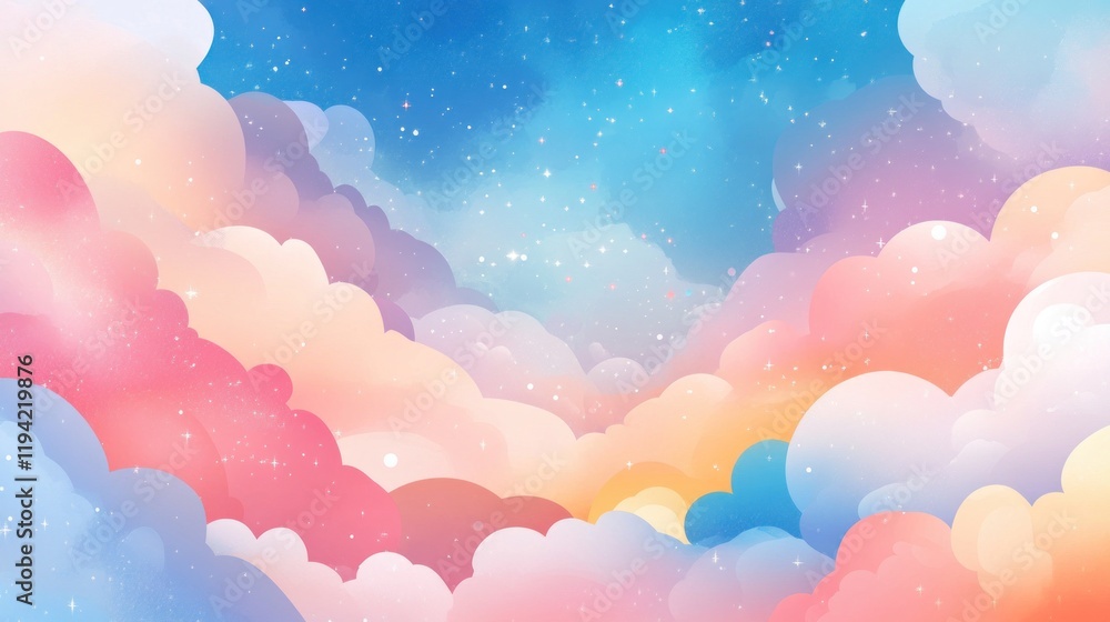 A dreamy illustration of colorful clouds in a blue sky, evoking a serene atmosphere. A dreamy illustration of colorful clouds in a blue sky, evoking a serene atmosphere.