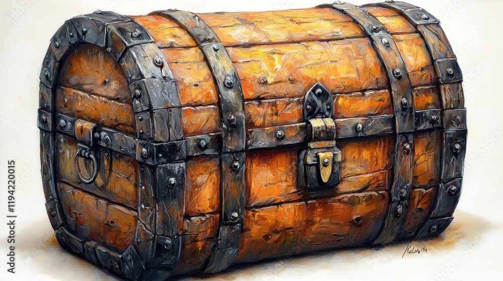 Old wooden chest with metal bands and lock. Old wooden chest with metal bands and lock.