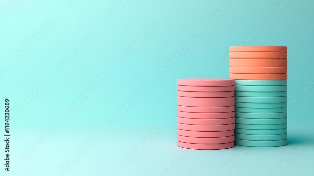 Colorful stacked disks in shades of pink and teal against a soft turquoise background create a minimalistic and modern aesthetic. Colorful stacked disks in shades of pink and teal against a soft turquoise background create a minimalistic and modern aesthetic.