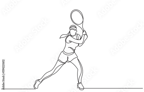 Continuous line drawing of a Tennis player woman hitting the ball. Young female person or athlete in action, racket gear and serve in workout health vector illustration.Tennis player excise vector.