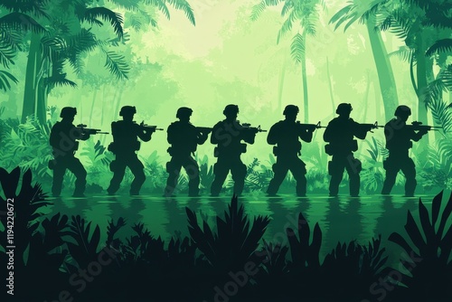 Silhouetted Soldiers Crossing a Tropical Jungle River Against Lush Green Foliage in an Atmospheric Action Scene