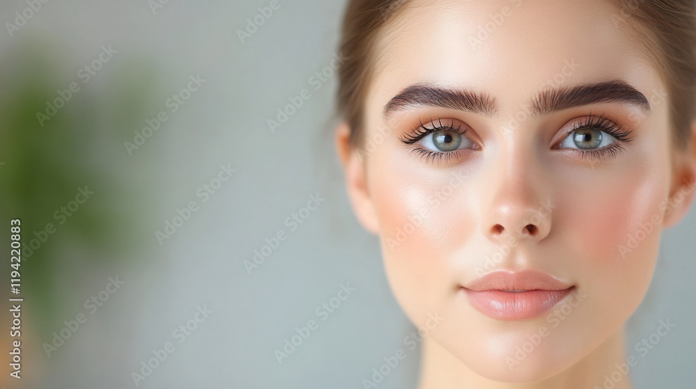 Soft light illuminates a woman's radiant face showcasing naturally beautiful skin and eyebrows. AI Generated Soft light illuminates a woman's radiant face showcasing naturally beautiful skin and eyebrows. AI Generated