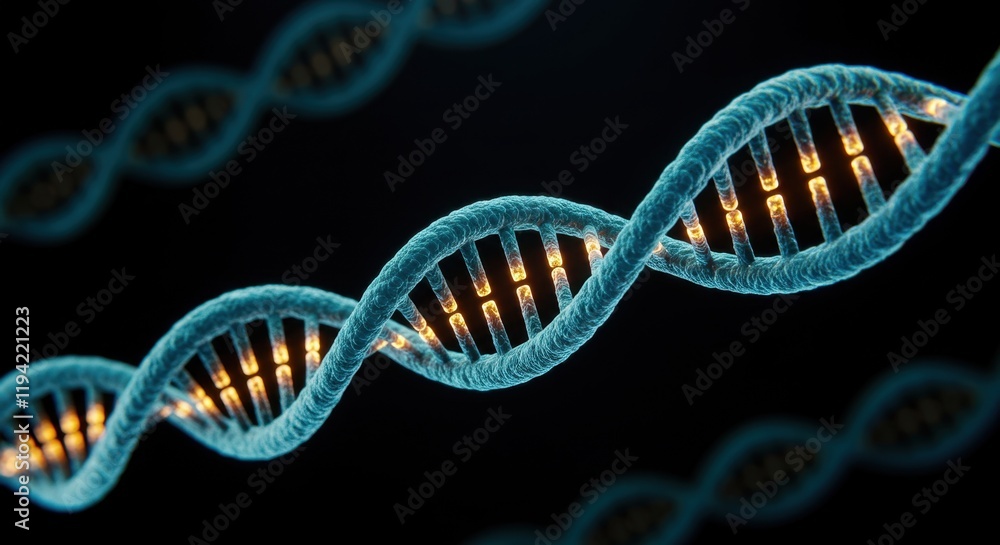 Glowing dna helix strand on black background highlighting genetic science Glowing dna helix strand on black background highlighting genetic science