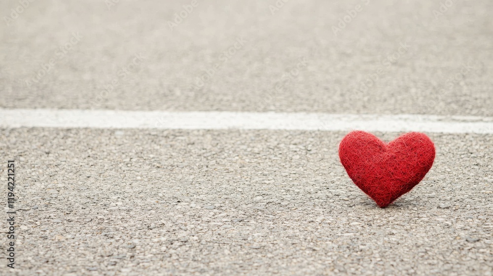 Fototapeta premium A red felt heart rests on a textured road beside a white line, symbolizing love and connection.