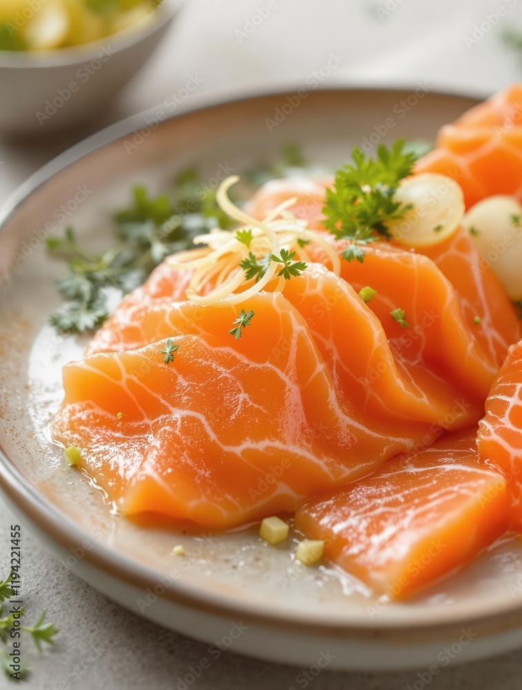 Fresh slices of raw salmon with garnish on elegant ceramic plate Fresh slices of raw salmon with garnish on elegant ceramic plate