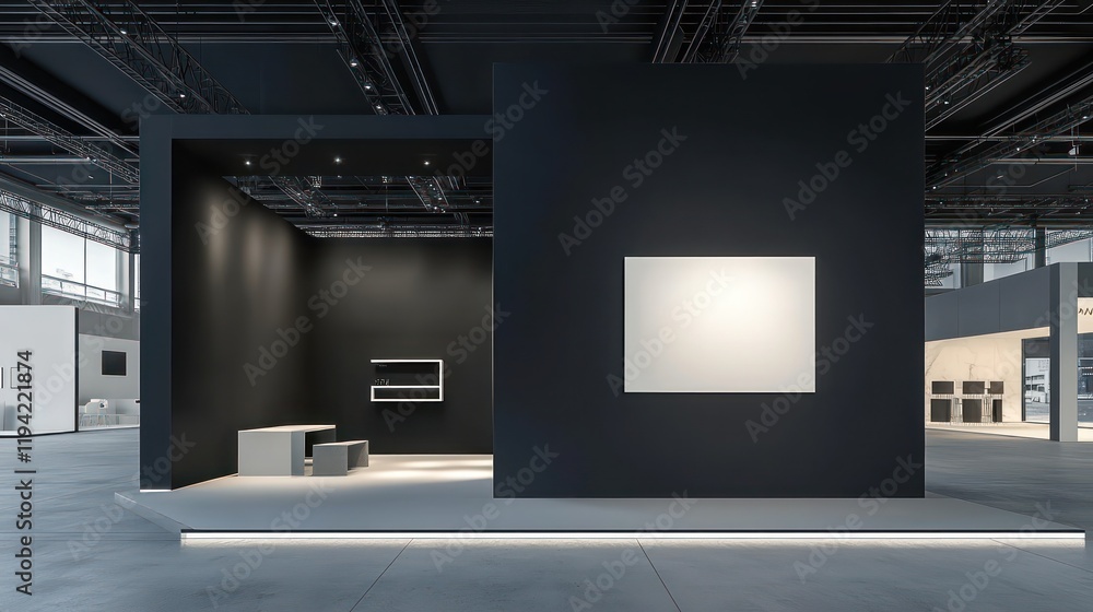 Monochrome exhibition stand with black backdrop and white display square. Monochrome exhibition stand with black backdrop and white display square.