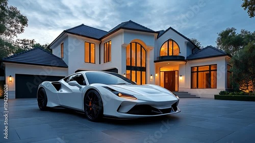 A luxury white sports car parked in front of a modern, elegant home at dusk.
