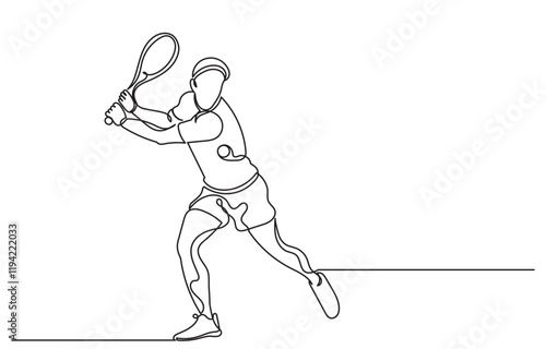 Continuous line drawing of a Tennis player man hitting the ball. Young male person or athlete in action, racket gear and serve in workout health vector illustration.Tennis player isolated on a white 