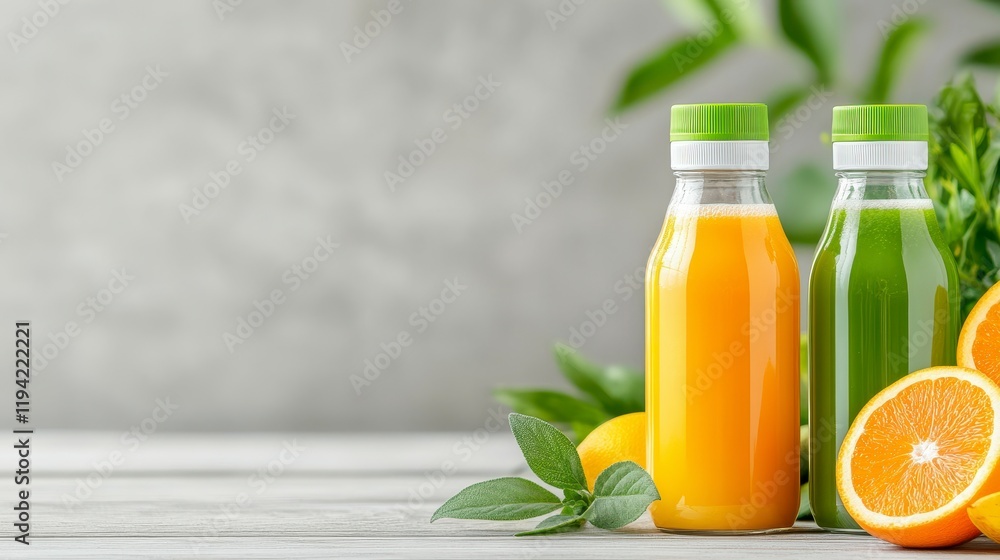Freshly squeezed citrus juices in vibrant bottles with fruits and greenery on a wooden table