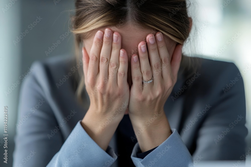 Distressed woman covering her face with hands in an office setting during a challenging moment Distressed woman covering her face with hands in an office setting during a challenging moment
