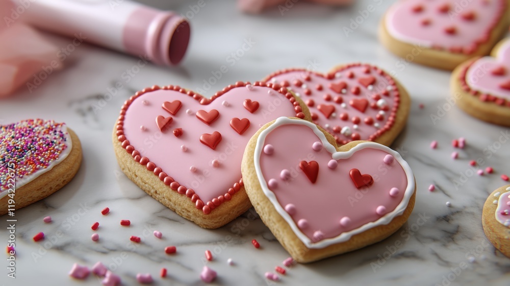 Heart-shaped cookies decorated with pink and red icing, arranged on a marble countertop. Heart-shaped cookies decorated with pink and red icing, arranged on a marble countertop.