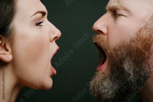 Intense expressions of argument between a man and woman with contrasting emotions captured in close proximity photo