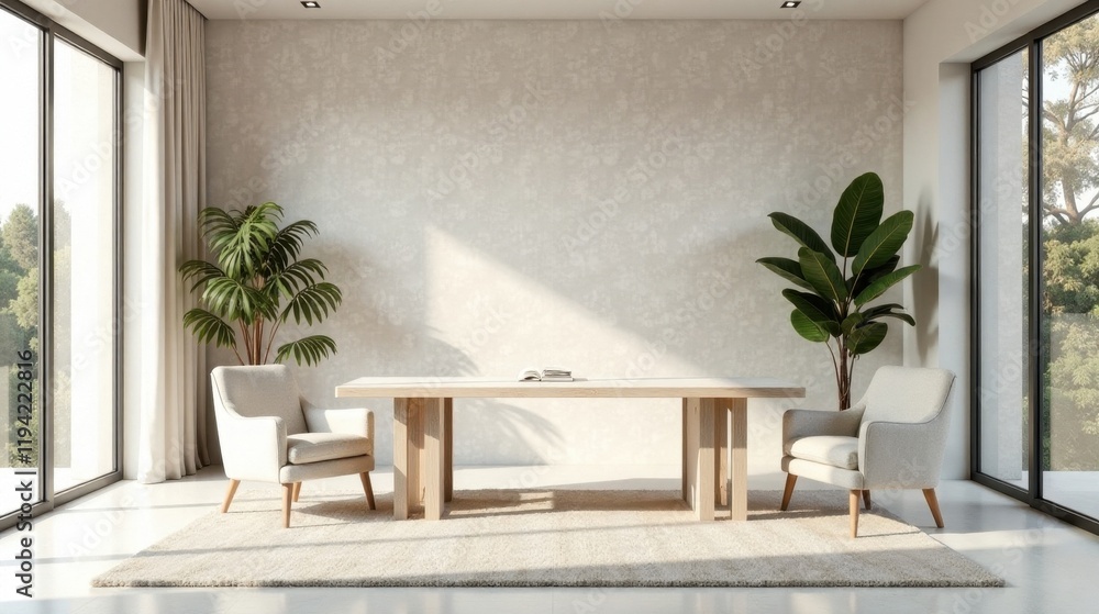 Serene Minimalist Interior Design Featuring a Light Wood Dining Table and Two Armchairs on a Neutral Rug Against a Textured Wall Serene Minimalist Interior Design Featuring a Light Wood Dining Table and Two Armchairs on a Neutral Rug Against a Textured Wall