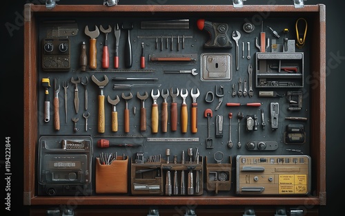 A toolbox overflowing with hand tools and gadgets like screwdrivers photo