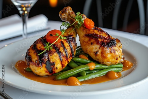 Italian food two grilled chicken drumsticks on top green beans, with brown sauce drizzled over it, on white plate, restaurant setting photo