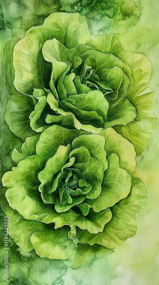 Obraz premium Watercolor Painting of Green Lettuce Leaves