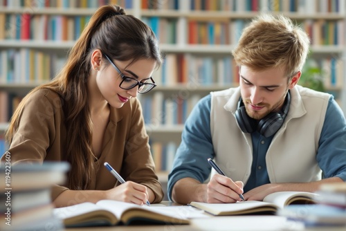 Two focused students sitting at a table in a library, writing notes while studying. Shelves of books in background. Concept of education and teamwork. Ai generative photo