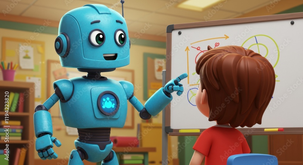 Obraz premium Friendly robot teaching math to curious child in classroom setting