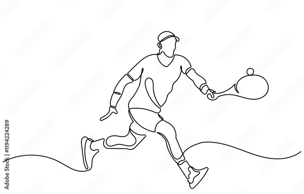 Continuous line drawing of a Tennis player man hitting the ball. Young male person or athlete in action, racket gear and serve in workout health vector illustration.Tennis player isolated on a white Continuous line drawing of a Tennis player man hitting the ball. Young male person or athlete in action, racket gear and serve in workout health vector illustration.Tennis player isolated on a white