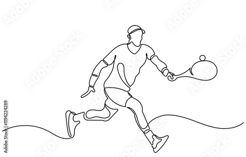 Continuous line drawing of a Tennis player man hitting the ball. Young male person or athlete in action, racket gear and serve in workout health vector illustration.Tennis player isolated on a white 
