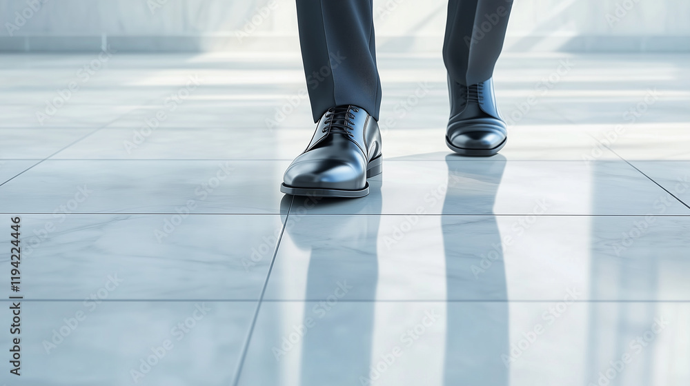 Close-up of a businessperson’s polished shoes walking on a marble floor with a shadowy reflection, symbolizing professionalism, elegance, and purpose. Close-up of a businessperson’s polished shoes walking on a marble floor with a shadowy reflection, symbolizing professionalism, elegance, and purpose.