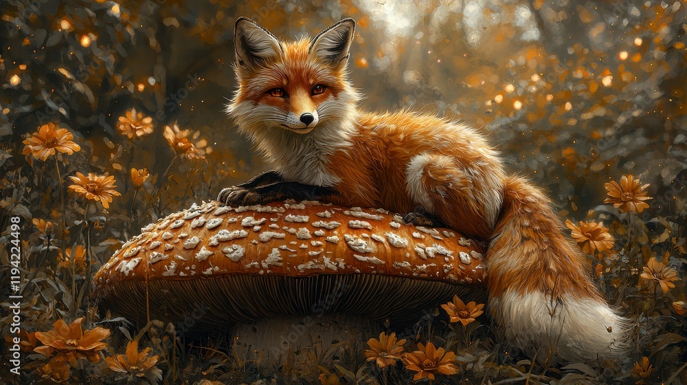 Naklejka premium Red fox resting on giant mushroom in autumnal forest.
