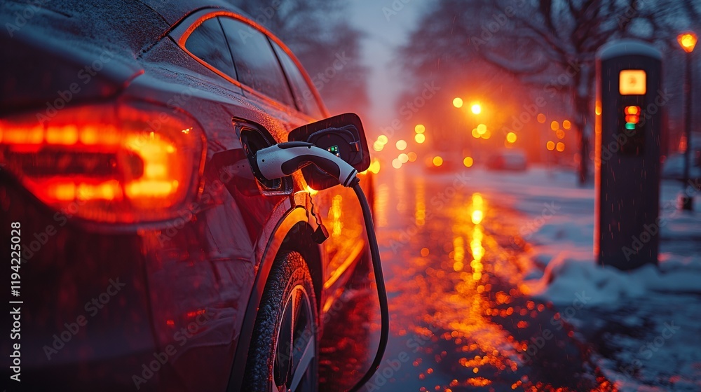 Red EV charging winter night city street Red EV charging winter night city street