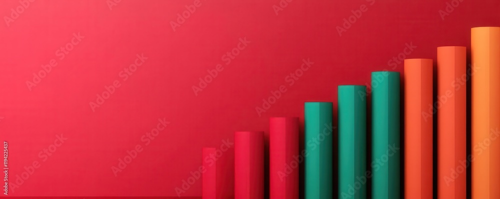 Obraz premium A vibrant bar graph on a red background, showcasing data progression with colored bars in green, orange, and red.