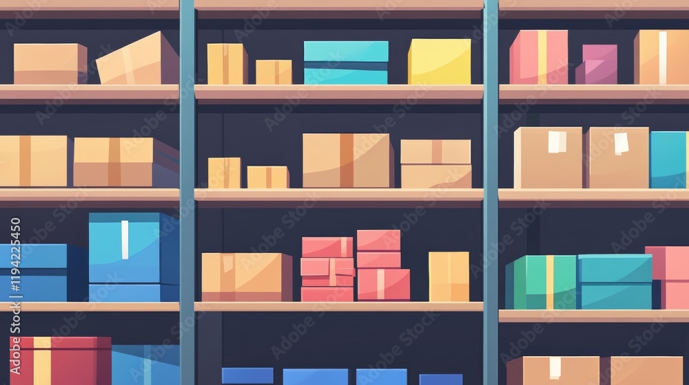 Retail warehouse full of shelves with cardboard boxes and packages. Logistics, storage, and delivery industrial background. Retail warehouse full of shelves with cardboard boxes and packages. Logistics, storage, and delivery industrial background.