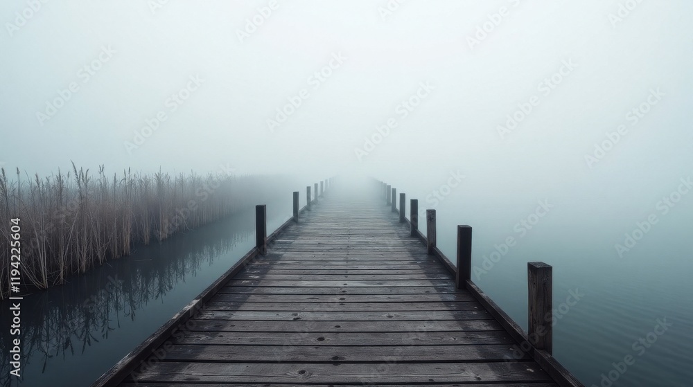 Obraz premium Wooden dock extending into a misty lake, serene and tranquil atmosphere, peaceful scene, fog obscuring the horizon