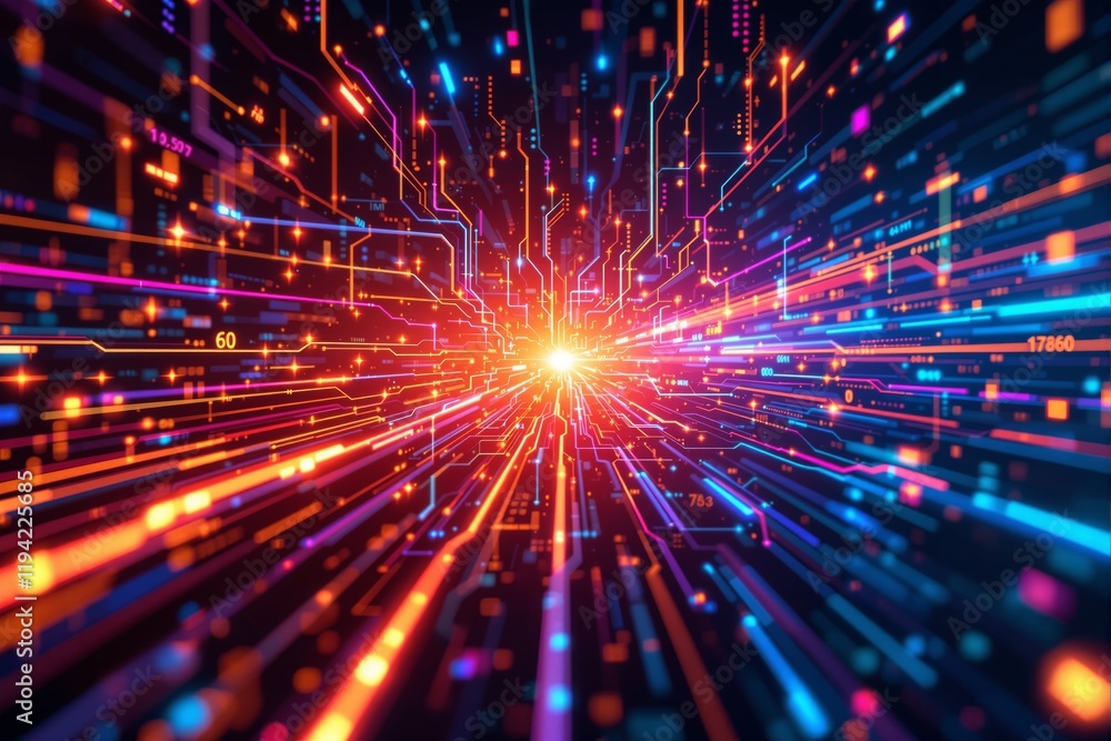Abstract depiction of a glowing digital circuit with neon-colored lines on a dark background, representing technology, speed, and innovation. Ai generative Abstract depiction of a glowing digital circuit with neon-colored lines on a dark background, representing technology, speed, and innovation. Ai generative