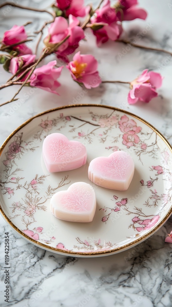 Valentine's themed pastries in creative shapes, set on a decorative plate with floral elements Valentine's themed pastries in creative shapes, set on a decorative plate with floral elements