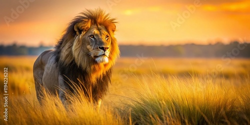Majestic African Lion King in Savannah Grassland - Wildlife Photography