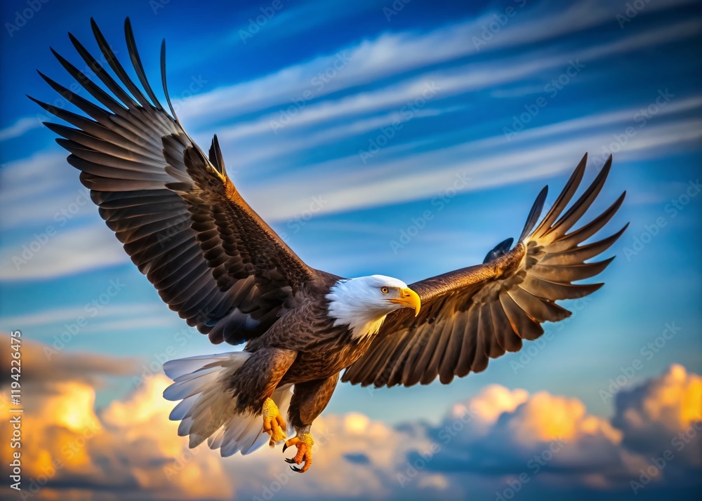 Fototapeta premium Majestic Bald Eagle Soaring, Blue Sky Background - Wildlife Stock Photo