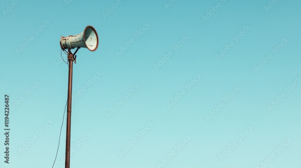 Old rusty megaphone on a pole against a clear blue sky. Old rusty megaphone on a pole against a clear blue sky.