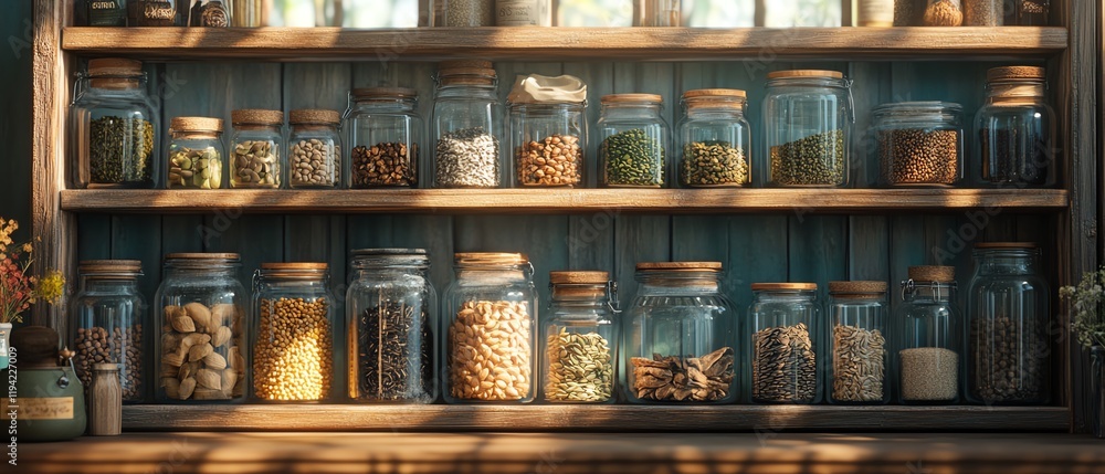 A detailed scene featuring glass jars filled with a variety of seeds and nuts A detailed scene featuring glass jars filled with a variety of seeds and nuts
