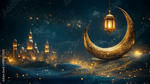 Wallpaper Mural Crescent moon, lantern, mosque, night, sand, glow, celebration, Ramadan, greeting, background Torontodigital.ca