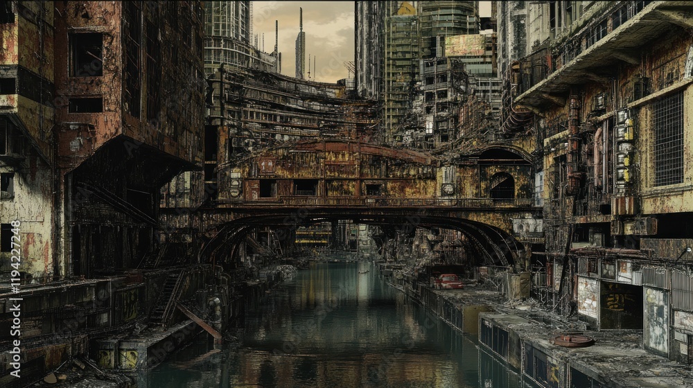 A dystopian urban landscape with decaying buildings and a polluted waterway. A dystopian urban landscape with decaying buildings and a polluted waterway.