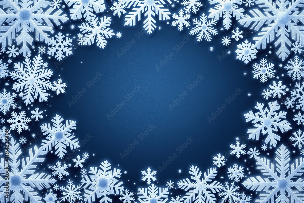 Snowflakes arranged as a decorative border on a blue background with an empty center space, creating a festive and wintry design template concept. Ai generative Snowflakes arranged as a decorative border on a blue background with an empty center space, creating a festive and wintry design template concept. Ai generative