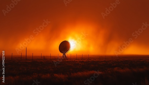 A large satellite dish outlined by a fiery orange sunset photo