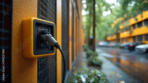 Electric vehicle charging station, urban street, apartment building background photo