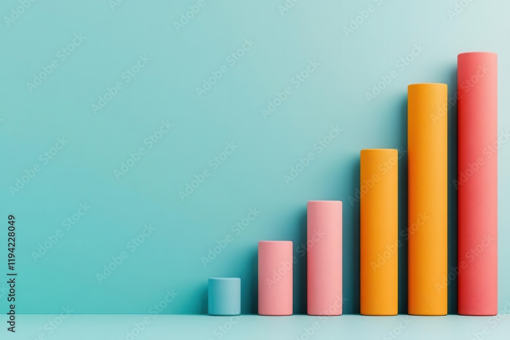A colorful bar chart illustration, showcasing ascending cylindrical shapes on a teal background, symbolizing growth and progress. A colorful bar chart illustration, showcasing ascending cylindrical shapes on a teal background, symbolizing growth and progress.